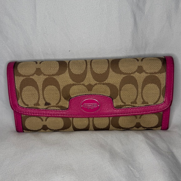 Coach Signature Canvas Wallet Pink Leather Trim Logo Clutch - Picture 1 of 9